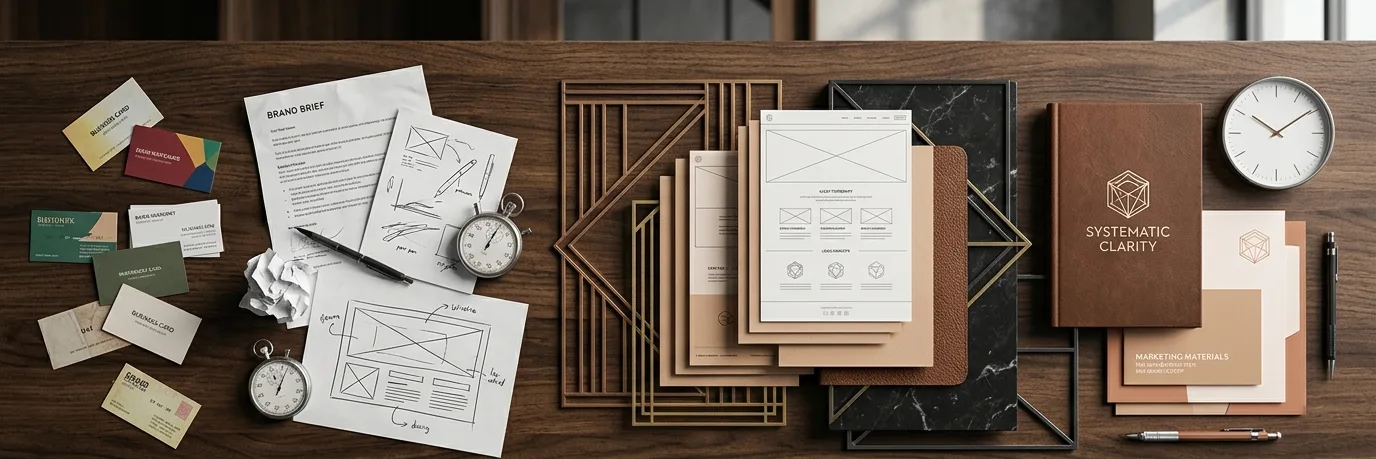 Elementi di marca e sito web che convergono dalla frammentazione verso un sistema di identità coerente e strutturato