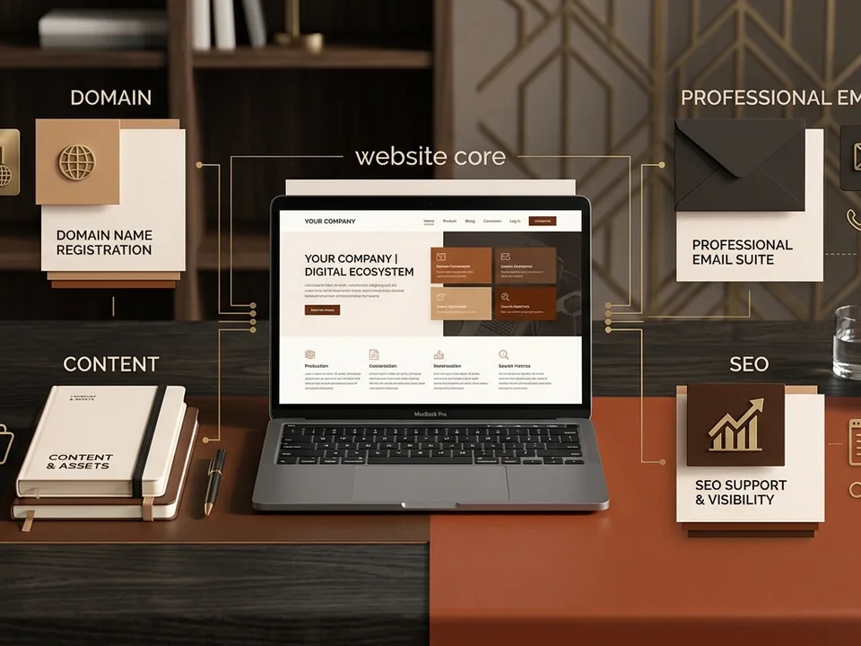 Modular digital operations toolkit representing domain, email, content, and SEO services around a central website