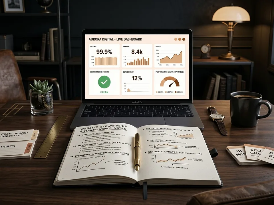 Dark workspace with monitoring dashboards, maintenance notes, and iterative improvement markers representing ongoing website support