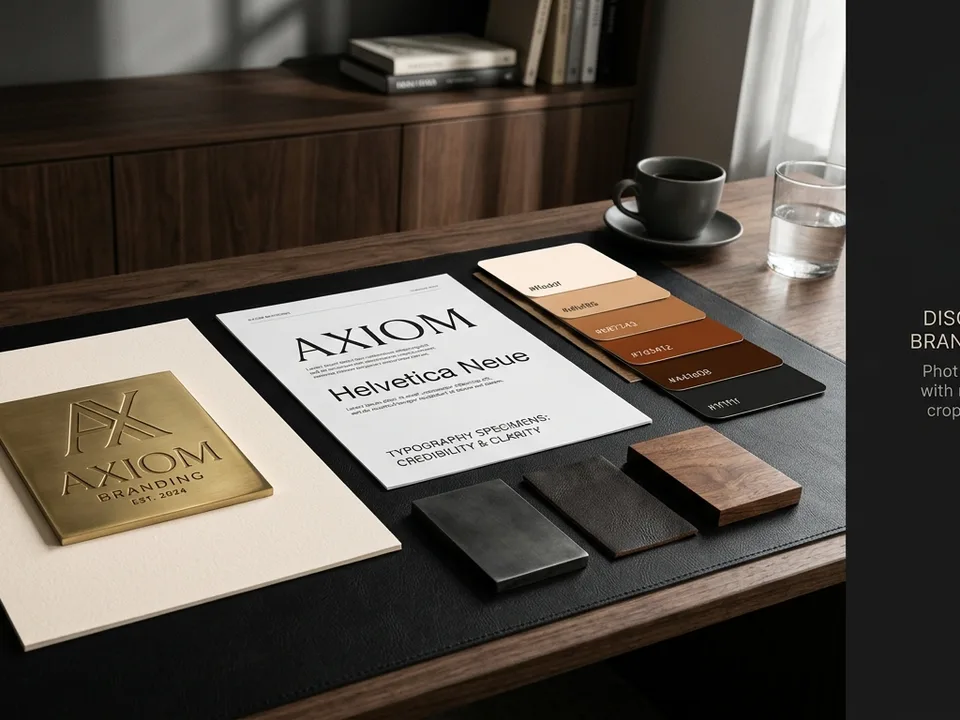 Brand studio arrangement with logo plates, typography specimens, colour swatches, and material samples