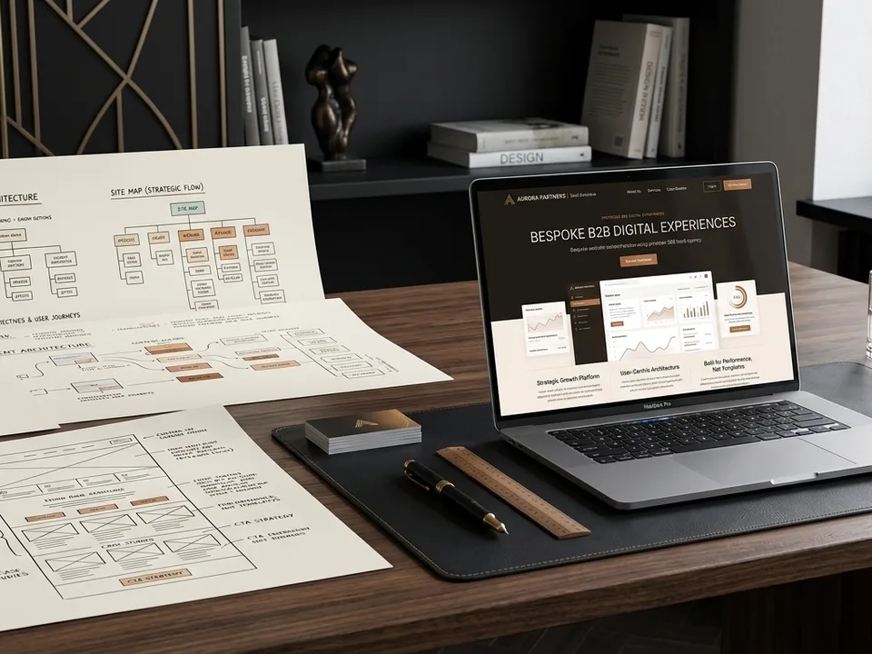 Custom website planning setup with structured wireframes, content architecture notes, and a refined screen prototype